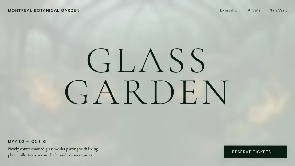 Glass Garden exhibition hero design created by Miles