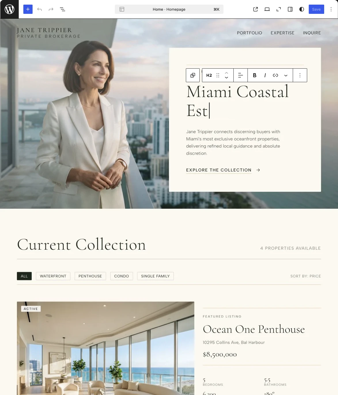 Jane Trippier's homepage open for editing in the WordPress block editor
