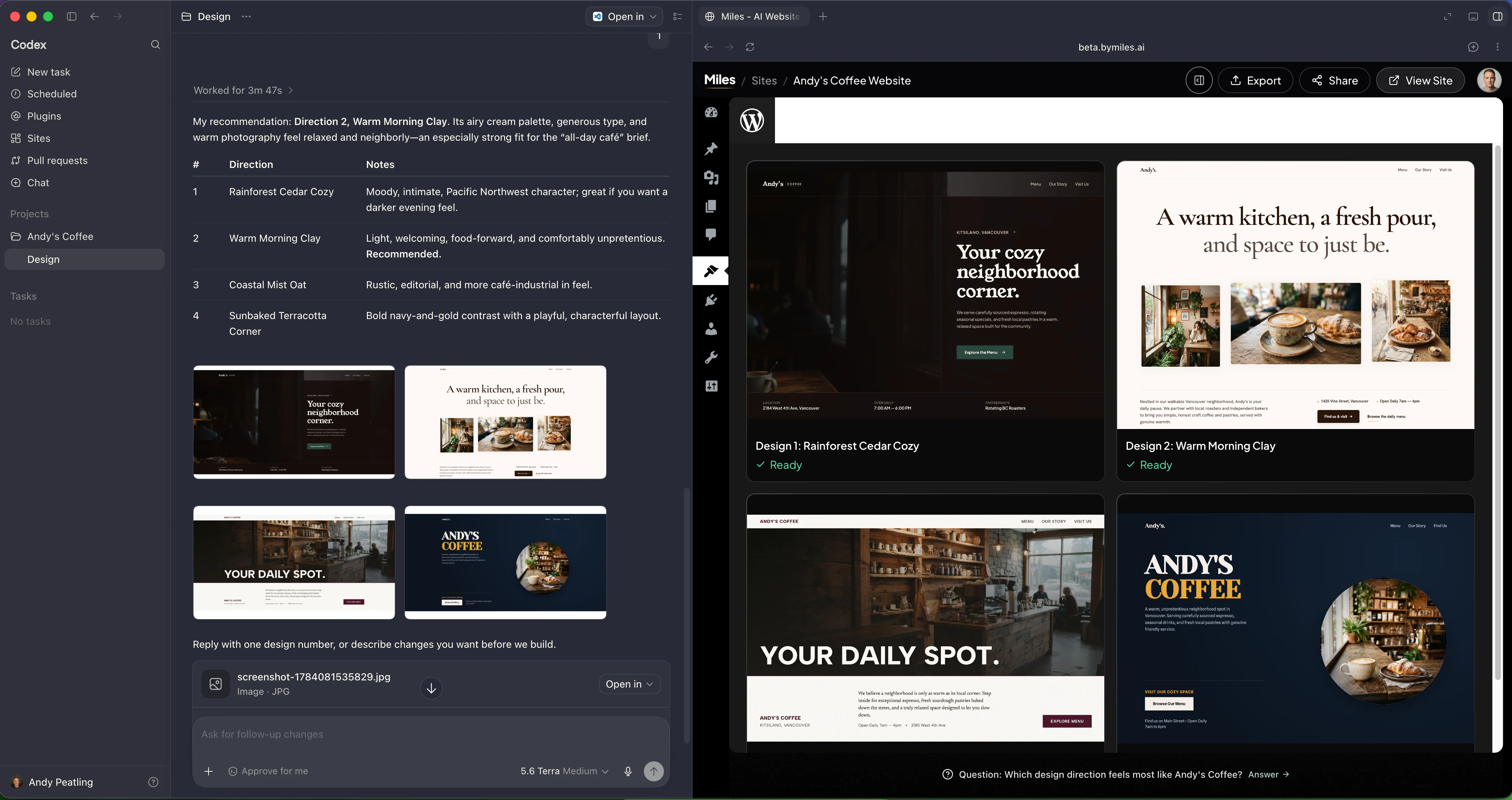 Codex working alongside Miles on a set of website design directions