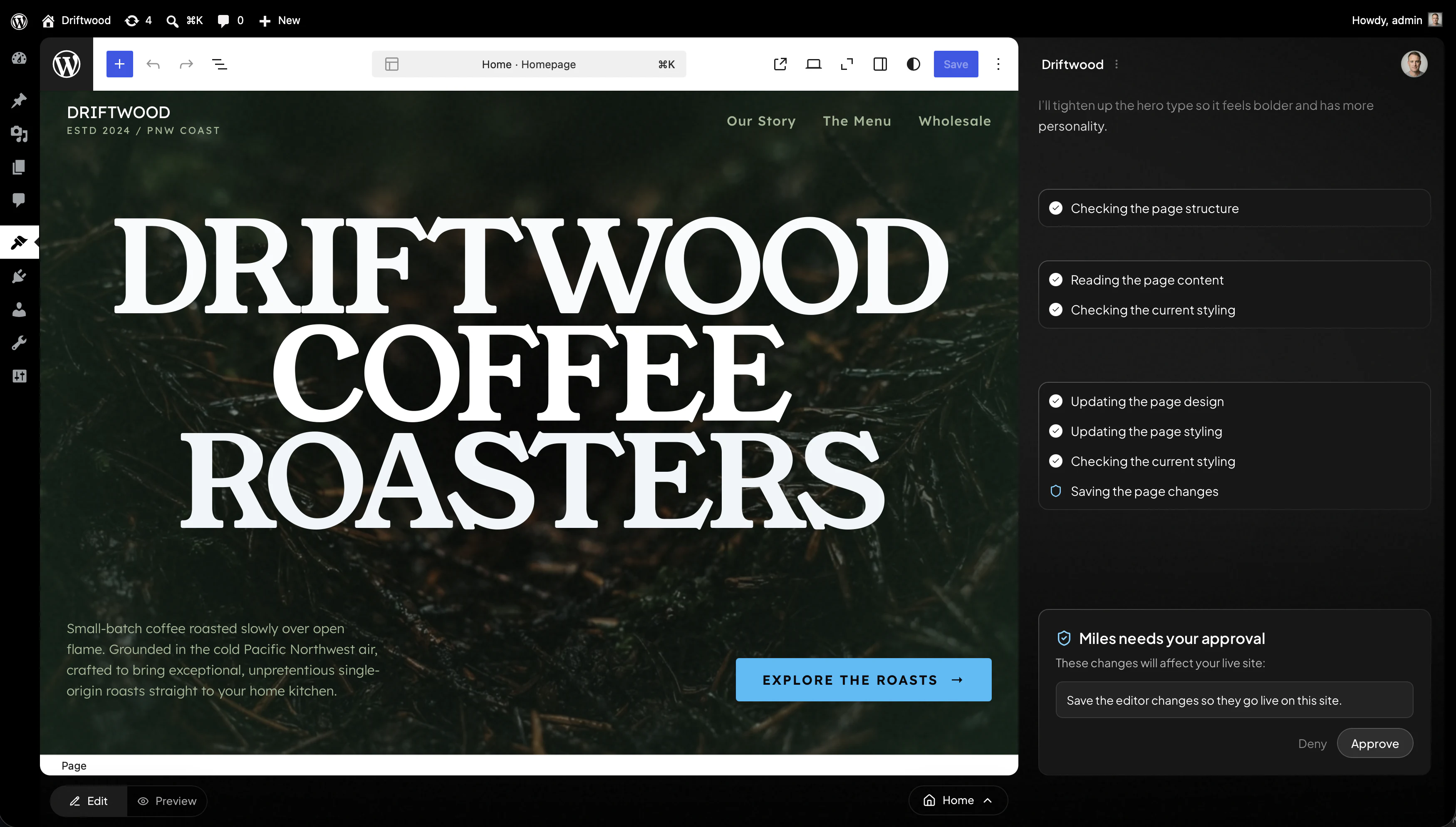 Miles editing a WordPress page directly inside the admin interface